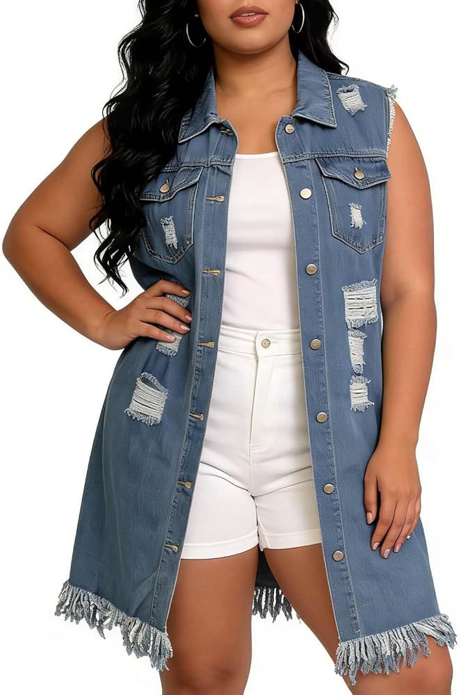 Women's Oversized Denim Vest Mid Long Jean Vest Sleeveless Jackets Distressed Ripped Button Down ... | Amazon (US)