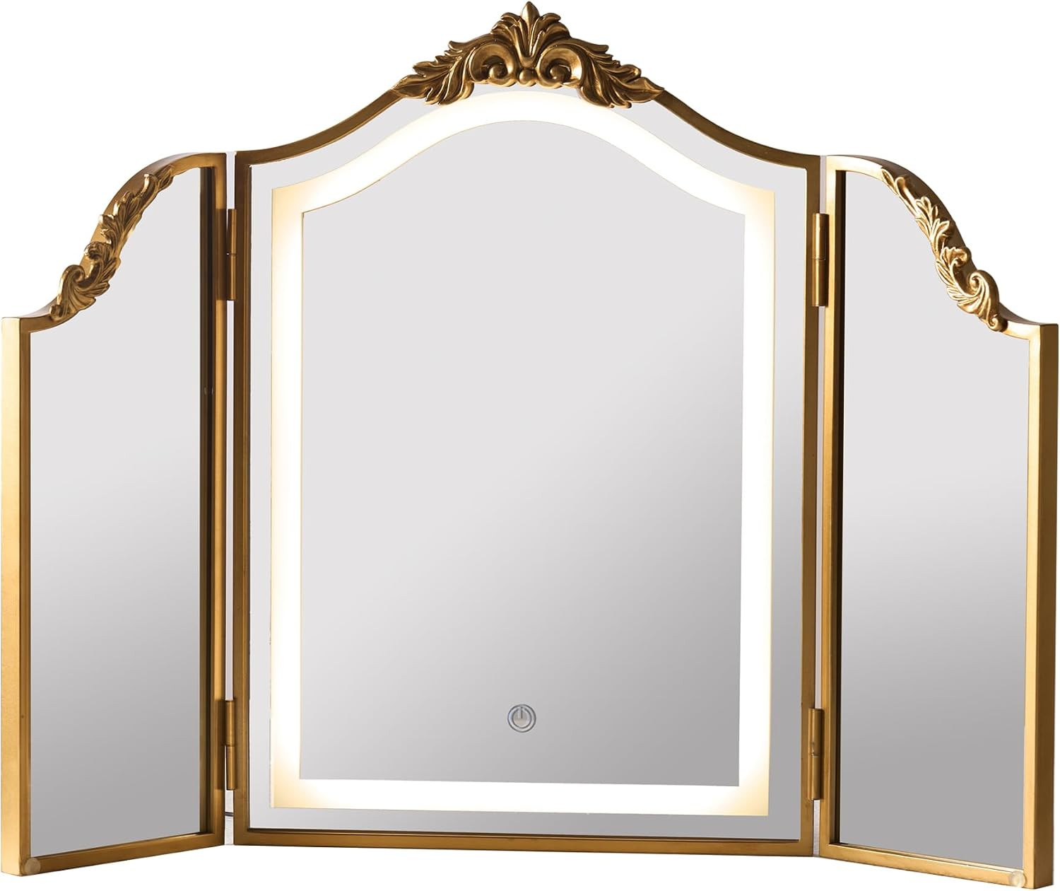 HSDDHOME Antique Gold Triple Fold Makeup Mirror with Tri-Color LED Lighting & Dimming, Baroque Carved Arch Vintage Vanity Mirror, Bohemian Decor for Bedroom/Dressing Room, 31x23 Inch | Amazon (US)