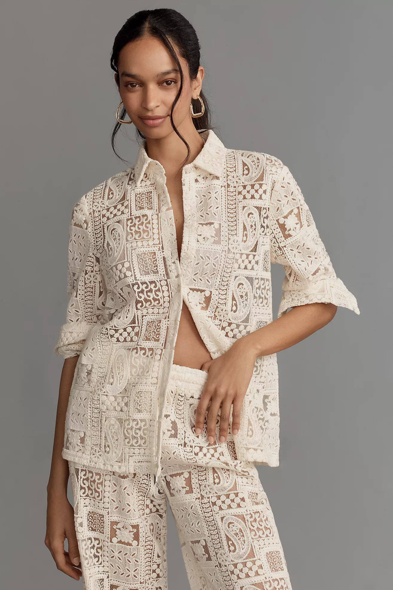 BLITHE Long-Sleeve Layered Boyfriend Lace Shirt | Anthropologie (US)