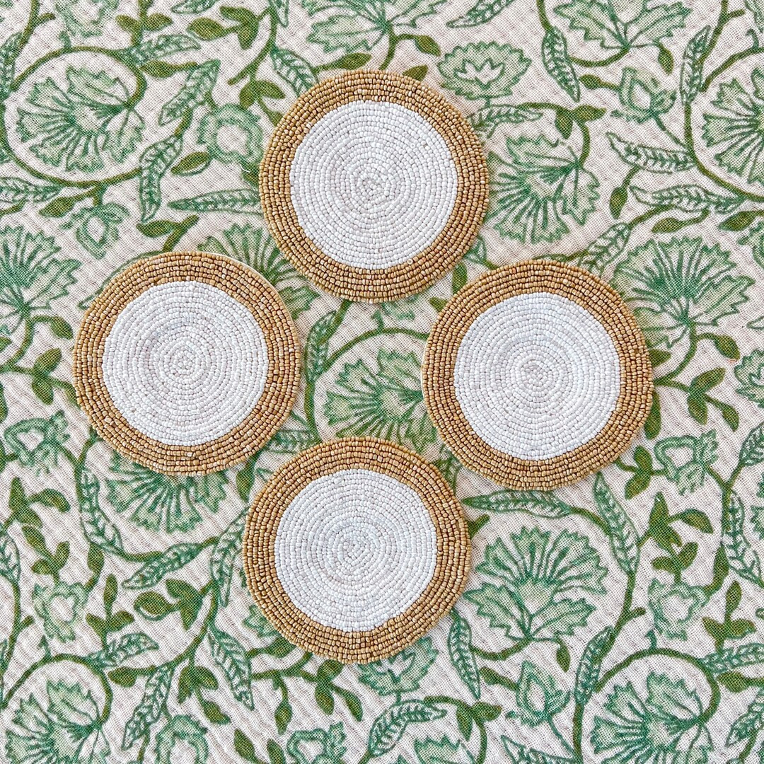 Set of Four Tan & White Beaded Coasters W/ Pouch Coastal Tablescape - Etsy | Etsy (US)