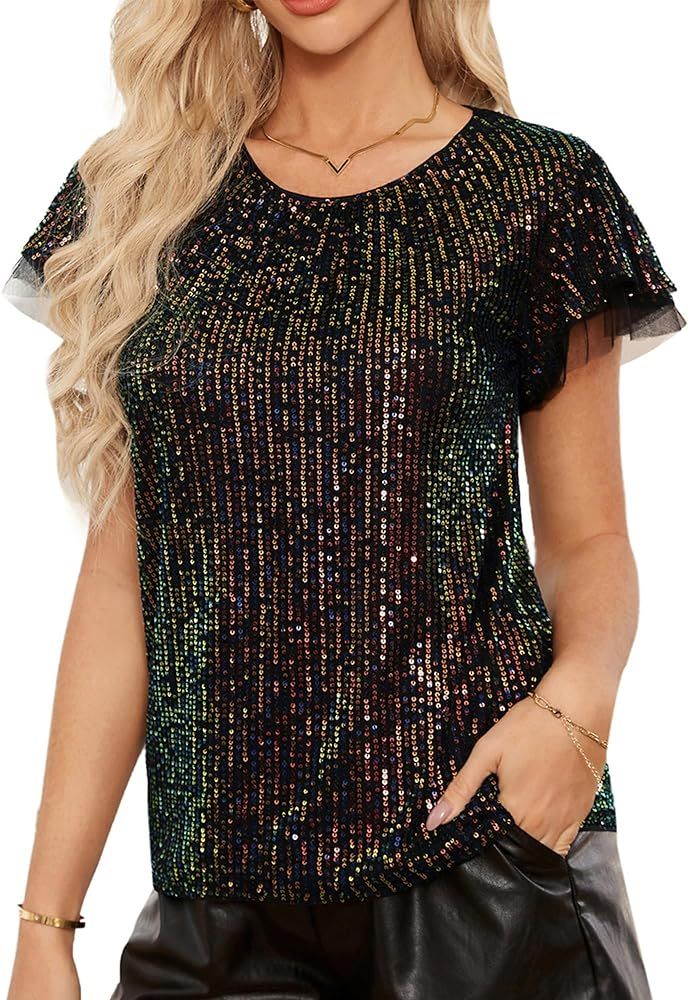 GRACE KARIN Women's Sparkly Sequin Tops Short Sleeve Glitter Dressy Blouses Round Neck Party Club... | Amazon (US)