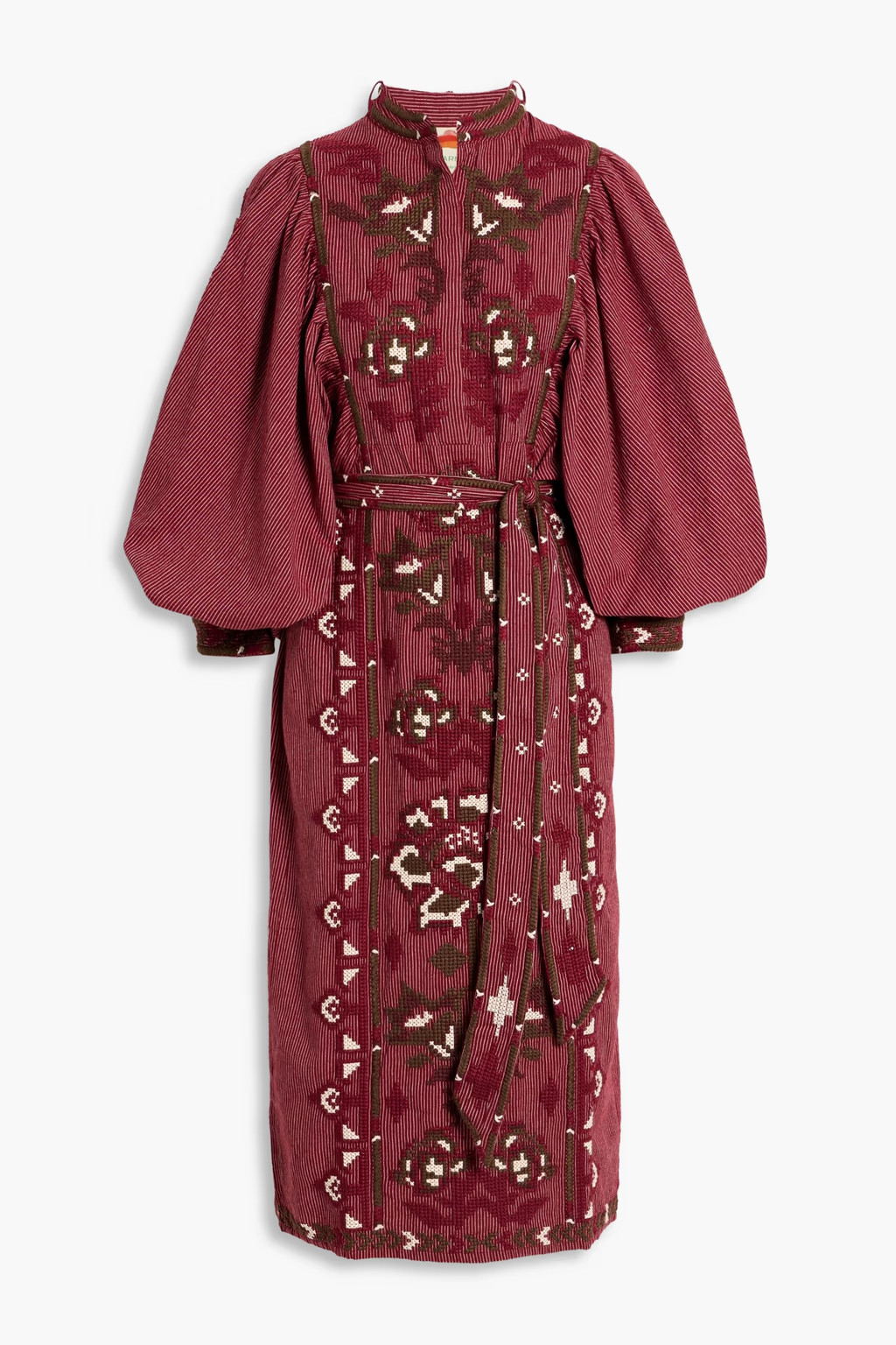 Embroidered striped cotton and linen-blend midi dress | The Outnet (US and CA)