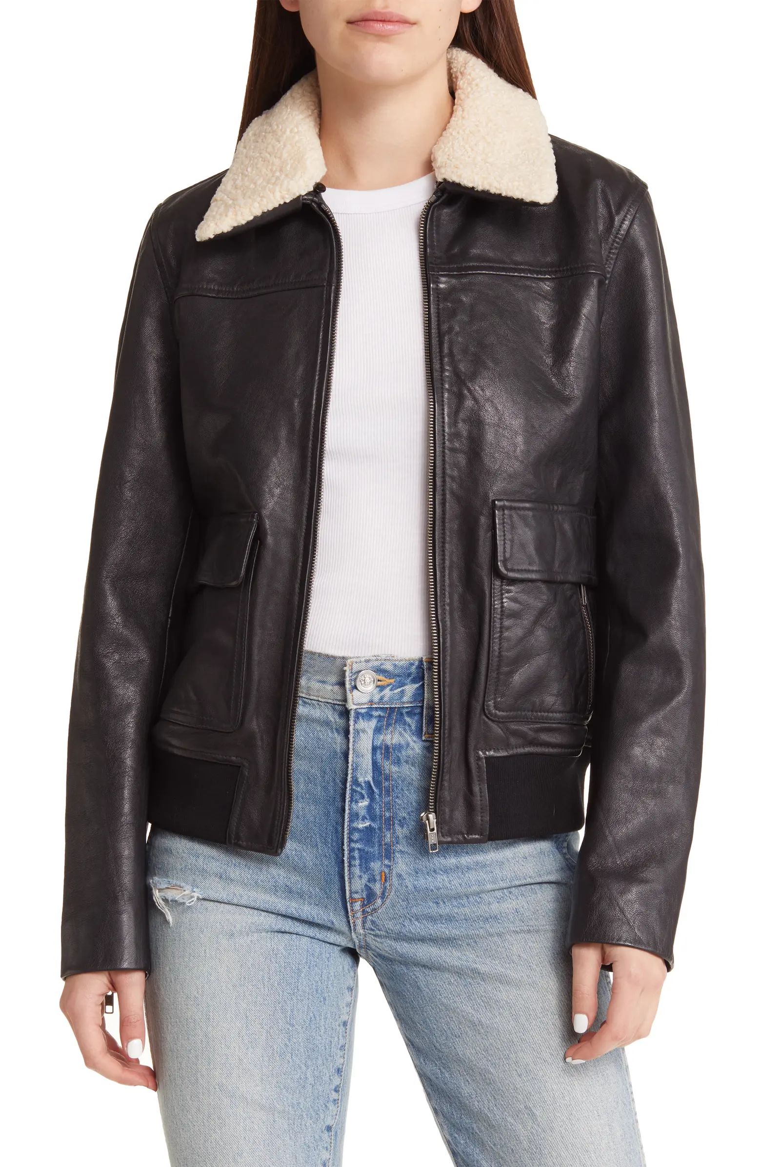 Leather Bomber Jacket with Removable Faux Shearling Trim | Nordstrom