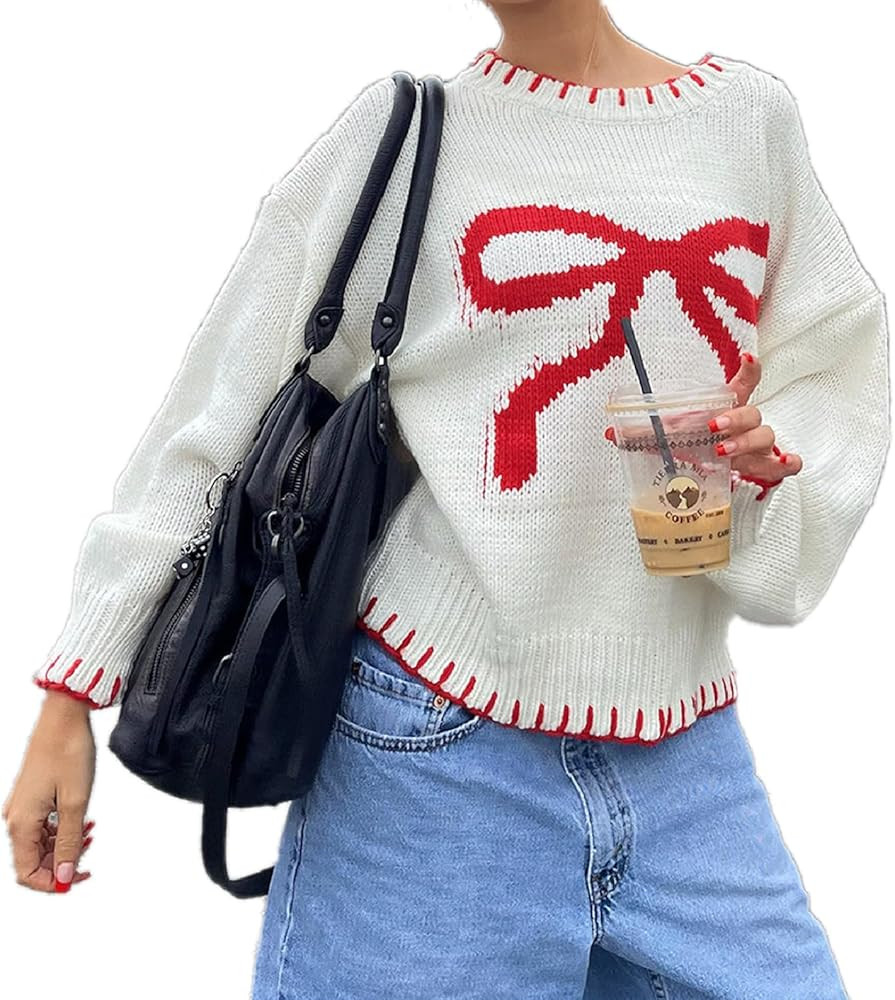 WZTYYDS Women Y2K Bow Knit Fall Winter Sweater Crew Neck Long Sleeve Knitted Pullover Oversized K... | Amazon (US)