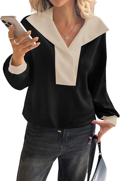 Fisoew Womens Cropped Oversized Sweatshirt Casual Lapel V Neck Long Sleeve Contrast Drawstring Lo... | Amazon (US)