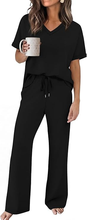 Sampeel Lounge Sets for Women V Neck Turn-UP Sleeves Tops Wide Leg Pants 2 Piece Sets Oversized S... | Amazon (US)