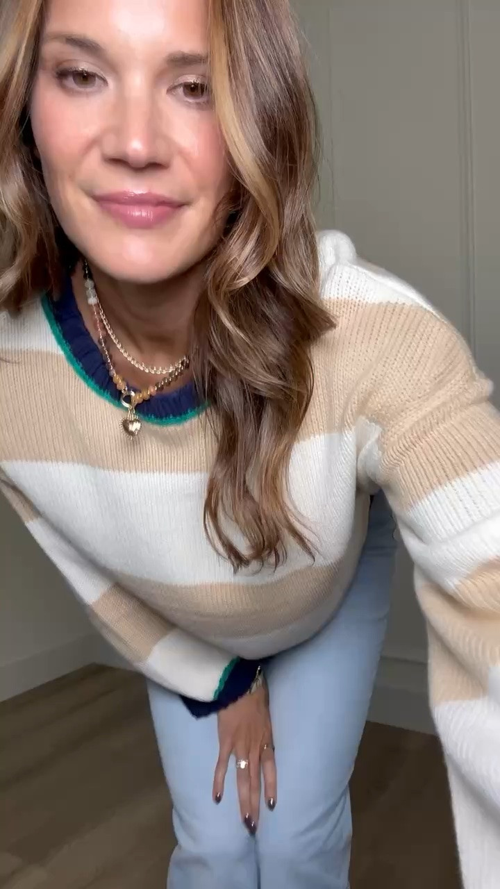 This striped sweater is such a fun take on fall neutrals! I love the wide cream and beige stripes with the unexpected navy and teal trim. The relaxed shape looks so good with light wash jeans and loafers for a casual fall outfit that still has some personality.

Size L

Striped sweater, Cream and beige sweater, Fall sweater outfit, Colorblock sweater, Tall girl fashion, Tall friendly clothing, Light wash jeans, Casual fall outfit, Navy trim sweater, Fall fashion finds, Sweater and jeans outfit, StangandCo