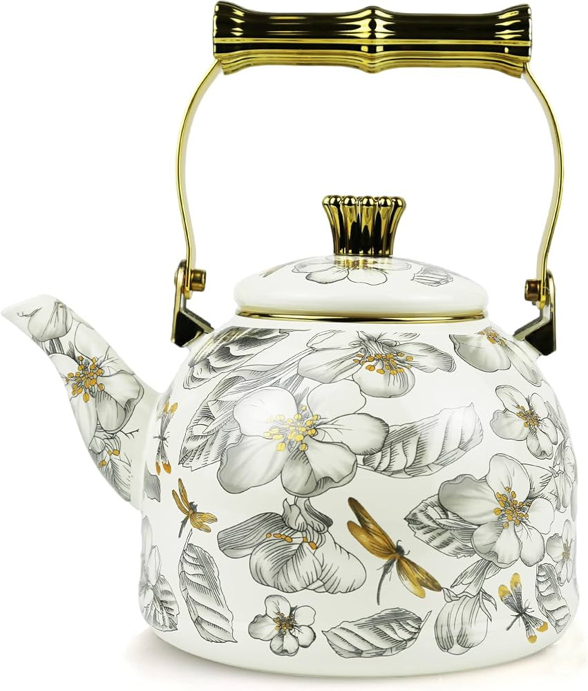 Vintage Enamel Tea Kettle, Dragonfly Floral Pattern Stovetop Teapot with Gold Handle, 2.5L Enamel... | Amazon (US)