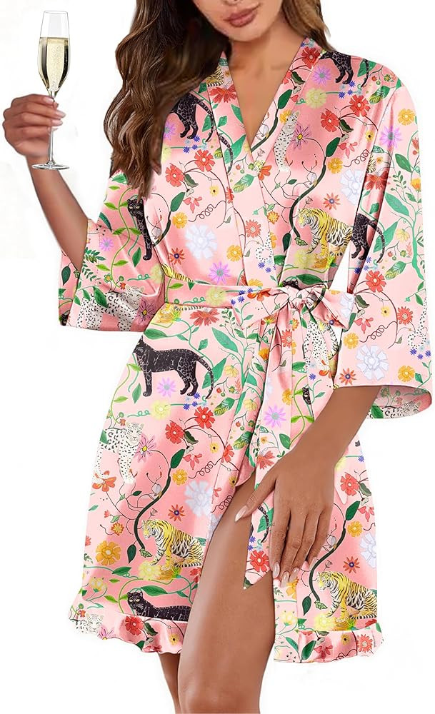 Ekouaer Women's Satin Robes Silk Kimono Bath Robe Short Ruffled Hem Bride Bridesmaid Sleepwear wi... | Amazon (US)