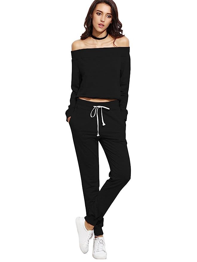 SweatyRocks Women's Two Piece Crop Top and Sweatpant Set Sport Tracksuit Outfit | Amazon (US)