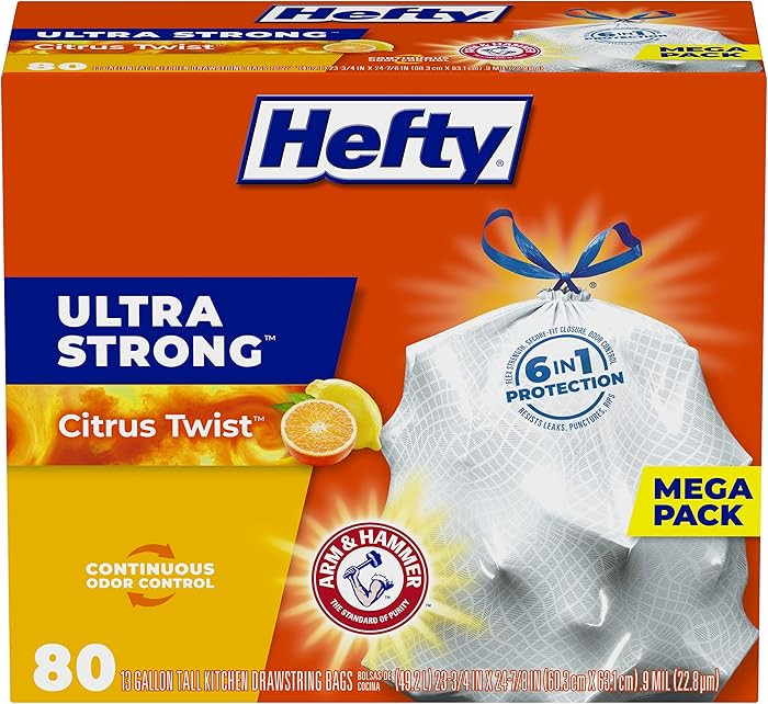 Hefty Ultra Strong Tall Kitchen Trash Bags, Citrus Twist Scent, 13 Gallon, 80 Count | Amazon (US)