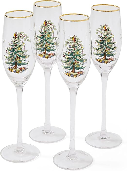 Spode Christmas Tree Gold 8.5oz Champagne Flutes (Set of 4) - Gold Rimmed Glasses, Festive Holida... | Amazon (US)
