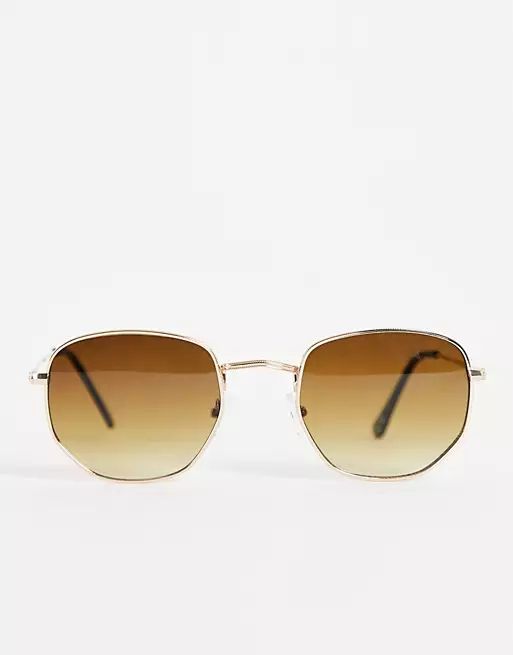 South Beach hexagonal sunglasses with gold frames and brown lens | ASOS (Global)