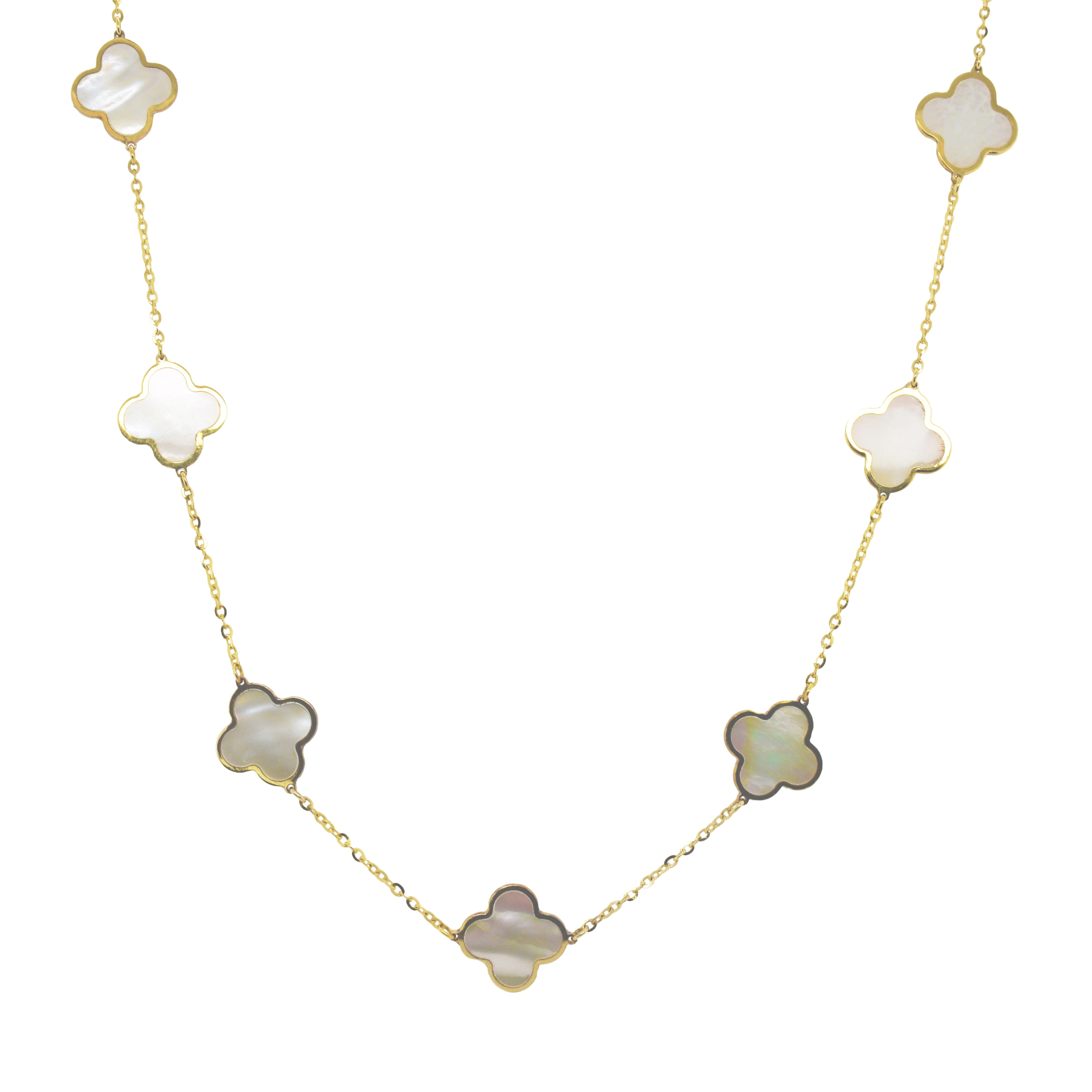 Italian Gold 14K Yellow Gold Mother of Pearl Clover Station Necklace 10mm Pearl Size 16-18 Inch C... | Overstock