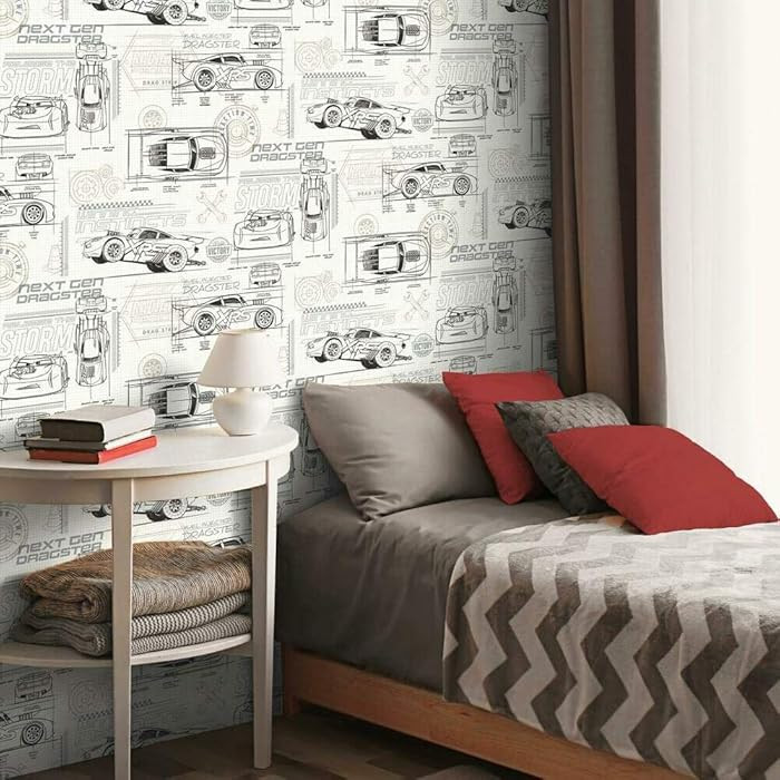 RoomMates RMK11804WP Disney and Pixar Cars Schematic Peel and Stick Wallpaper, Grey/White | Amazon (US)