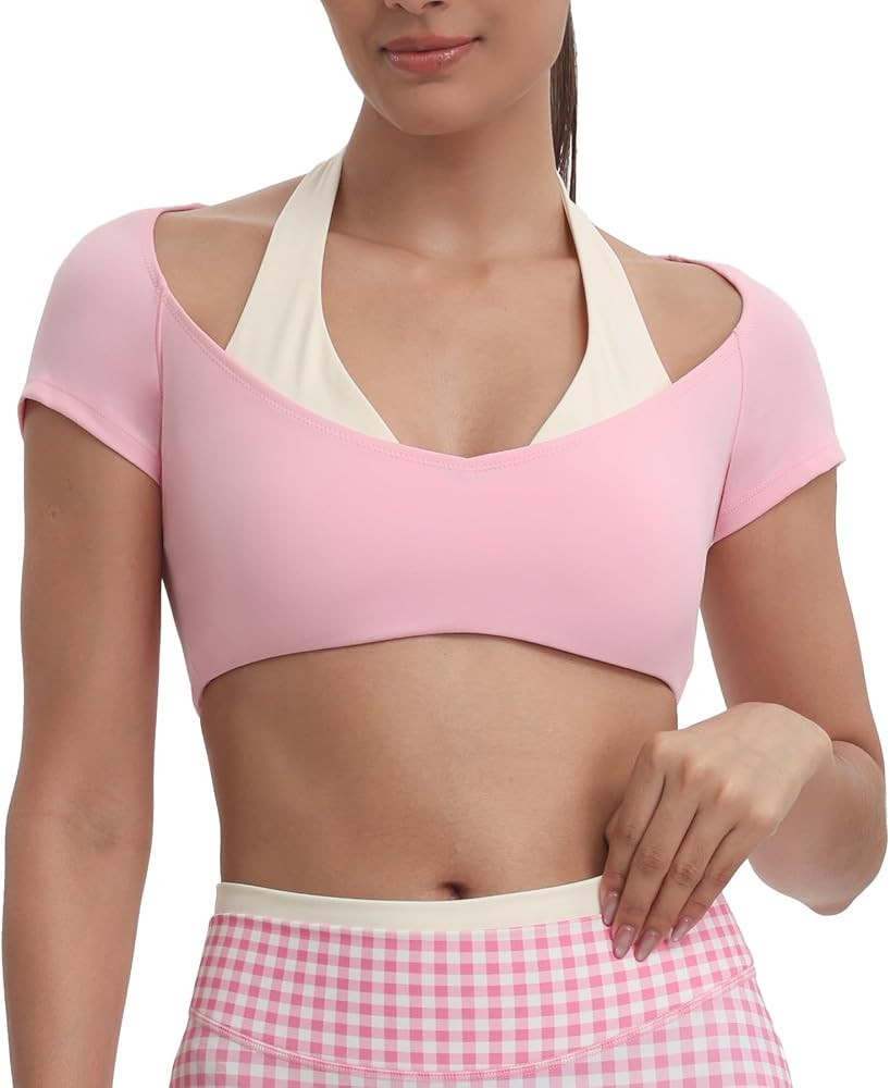 Aoxjox Dual Core Halter Short Sleeve Crop Top | Amazon (US)