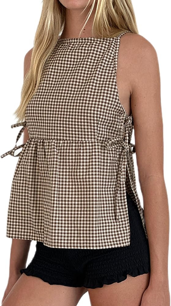 UAURORAO Women Tie Up Tank Top Floral Embroidered Cropped Vest Flower Embroidery Backless Babydol... | Amazon (US)