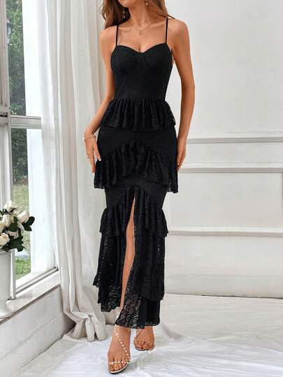 SHEIN Privé Women's Splice Lace Split Hem Spaghetti Strap Dress | SHEIN