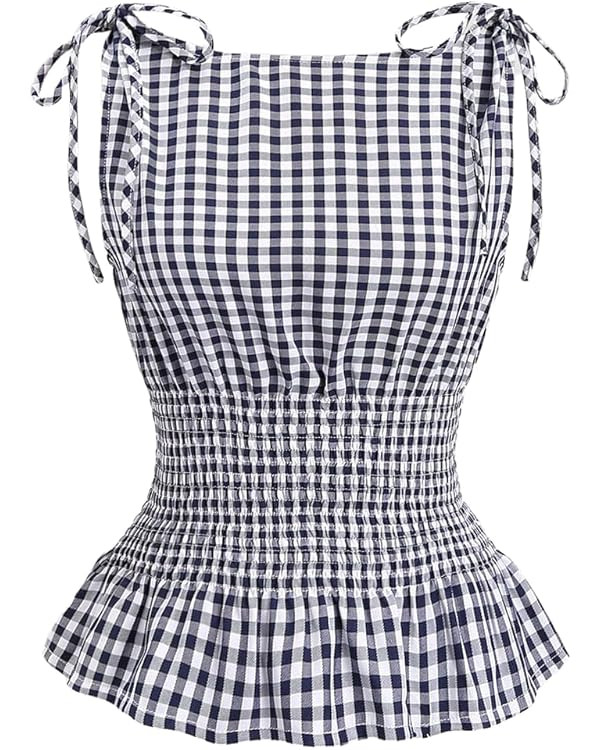 Women's Gingham Tie Shoulder Tank Tops Sleeveless Shirred Ruffle Hem Shirts | Amazon (US)