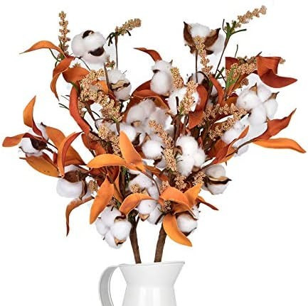 LSKYTOP 2 Packs Full Artificial Cotton Stems 20 Inch with Wheat Ear Fall Leave Decoration Branchs... | Amazon (US)