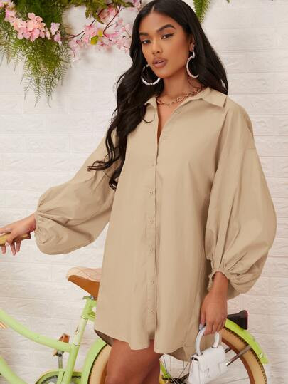 EMERY ROSE High Low Lantern Sleeve Button Front Dress | SHEIN