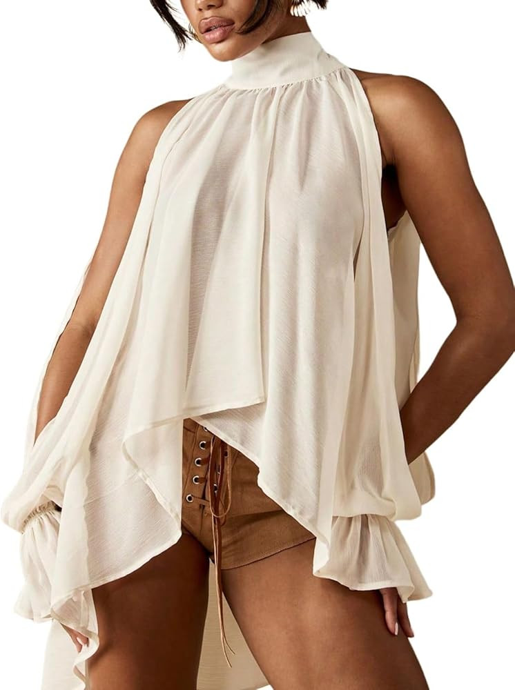 Verdusa Women's Flowy Asymmetrical Halter Tops Sheer Chiffon Blouse Split Bishop Sleeve Gauze Shi... | Amazon (US)