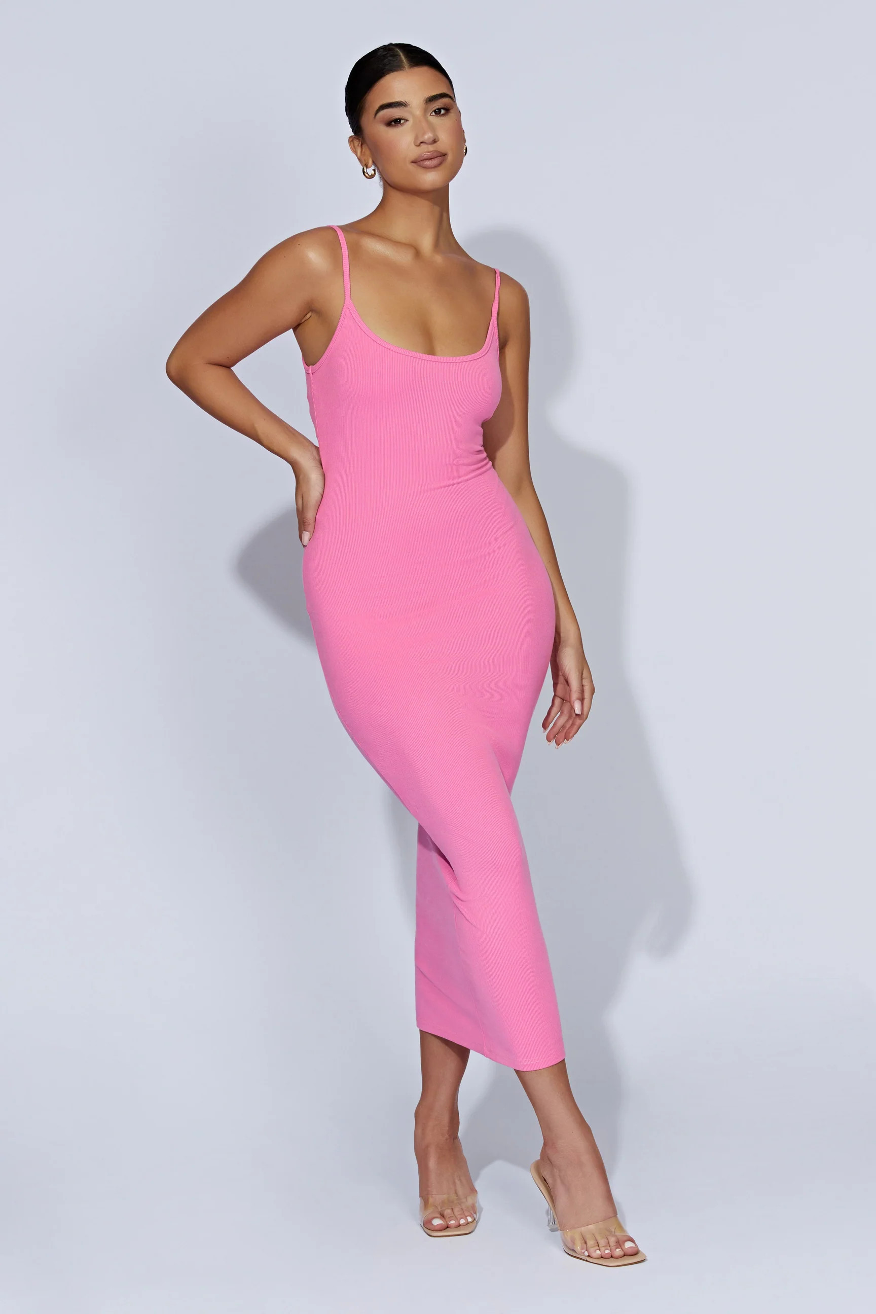 Alexis Ribbed Cami Midi Dress - Bubblegum Pink | MESHKI US