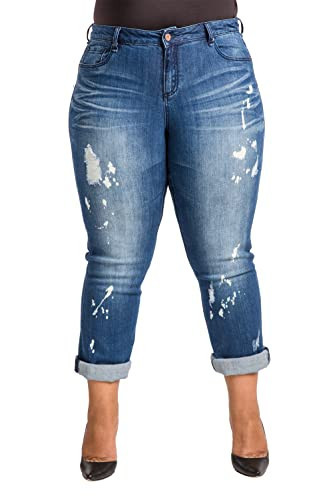 Poetic Justice Women's Plus Size Curvy Fit Blue Bleach Spots Boyfriend Jeans Size 16X32 | Amazon (US)