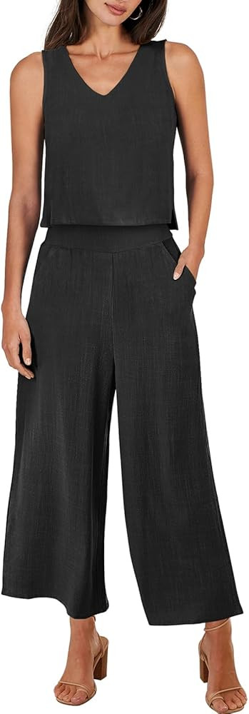 ANRABESS Women's 2 Piece Outfits Summer Sleeveless Tank Crop Button Back Top Wide Leg Pants Loung... | Amazon (US)