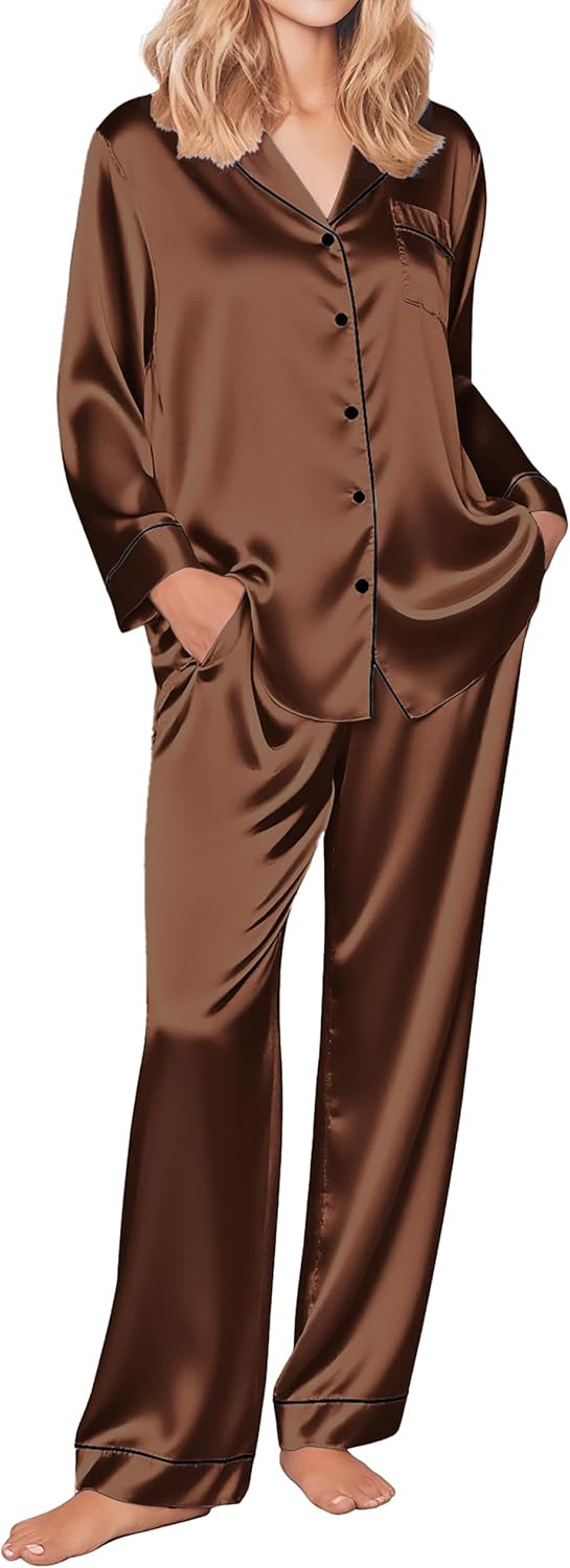 Ekouaer Womens Silk Satin Pajama Set Button Up Long Sleeve Pjs Sleepwear | Amazon (US)