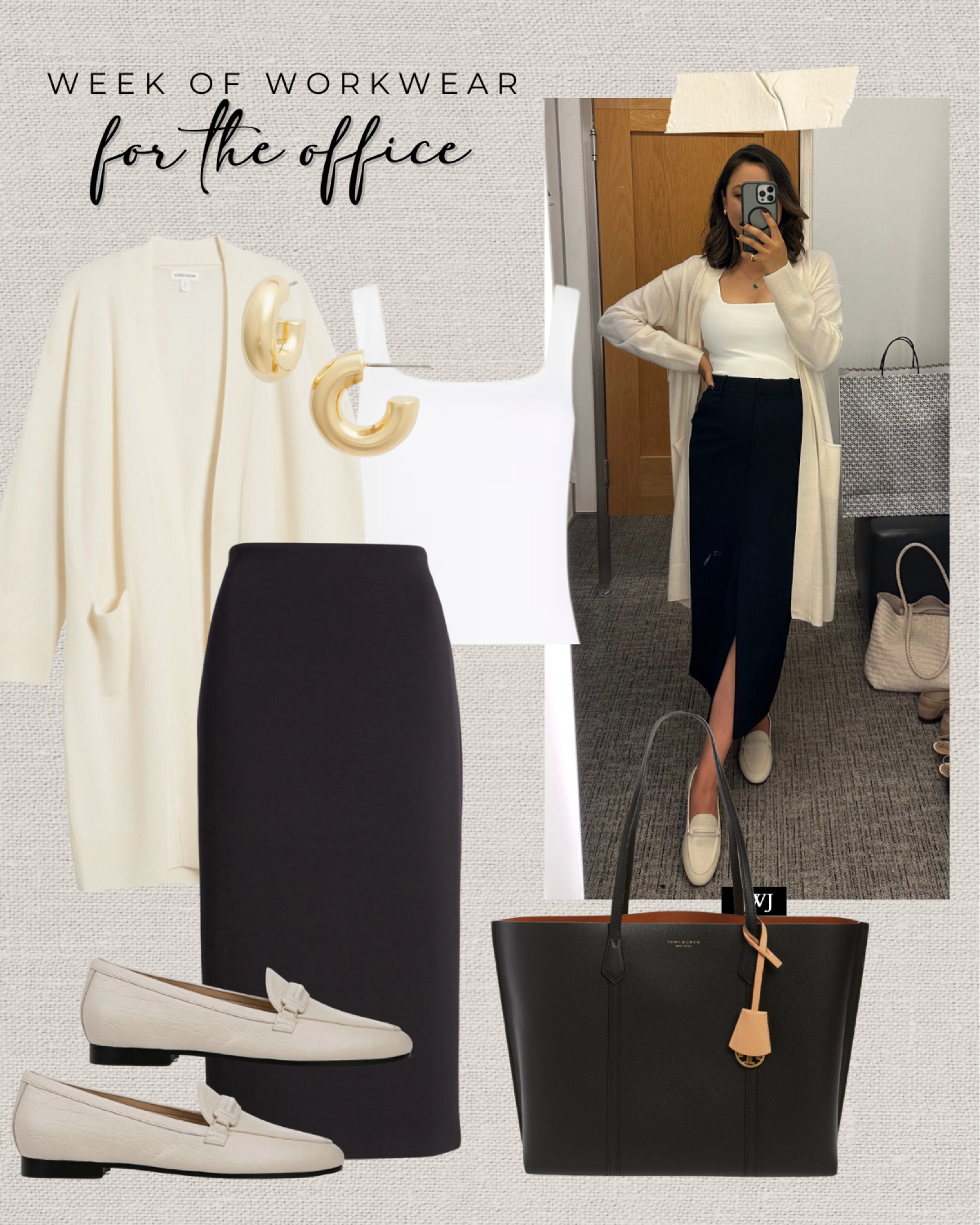 Week of workwear: for the office 

Workwear / business casual / smart casual / office outfit / classic style / cardigan / black skirt / white square neck top / cream loafers / black tote bag / Nordstrom anniversary sale / nsale 

#LTKxNSale #LTKWorkwear #LTKStyleTip