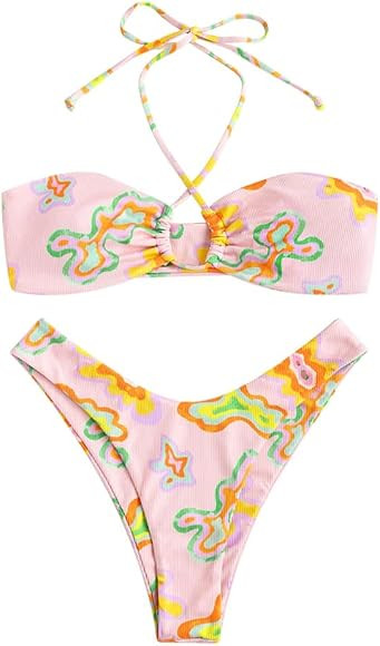 ZAFUL Women's Criss Cross Halter Bikini Bathing Suits 2 Piece Swimsuits | Amazon (US)