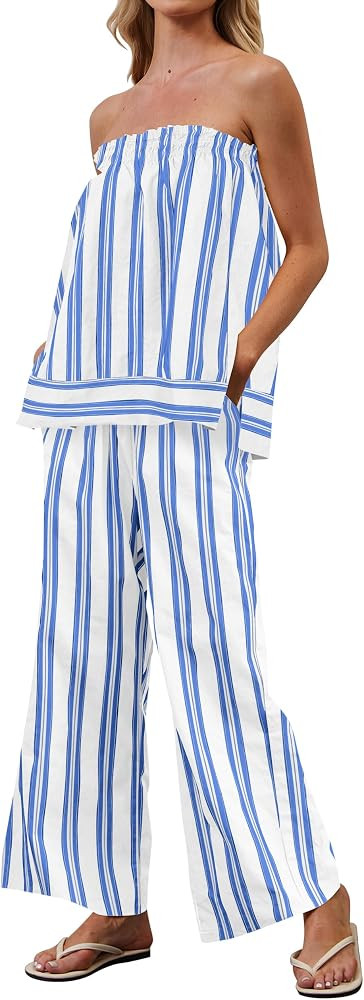 MISSACTIVER Women's Two Piece Outfit Strapless Tube Top and Beach Wide Leg Pants Set 2 Piece Loun... | Amazon (US)