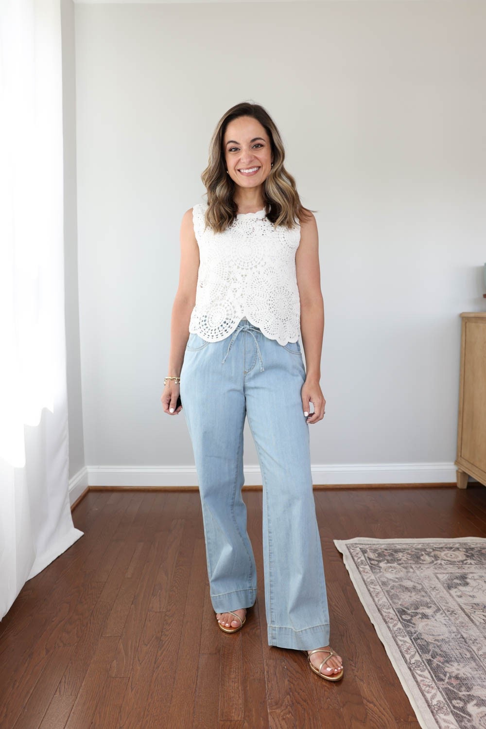 Summer jeans for petites! 

*measurements given are taken from the size I’m wearing and may differ from the brand website 

Banana Republic Factory Mid-Rise Wide-Leg Jeans
Size Worn: Petite XXS
Rise: 9″
Inseam: 28″
Fabric: 100% Cotton
Weight: Lightweight denim
Fit: True to size
(Currently low in stock in petite but sizes have been bouncing in and out of stock. Will watch for a restock.)

Camisole: small 
Crochet top: xxs 

My measurements for reference: I’m 4’10” and 105lbs. My bust, waist, and hip measurement is 32”, 24”, and 36”.