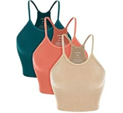 ODODOS Women's Crop 3-Pack Washed Seamless Rib-Knit Camisole Crop Tank Tops | Amazon (US)