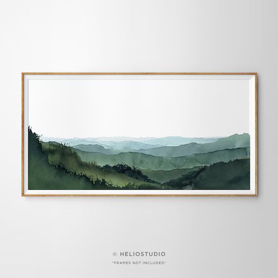 Panoramic Blue Green Mountain Valley Watercolour Art Print. - Etsy | Etsy (US)