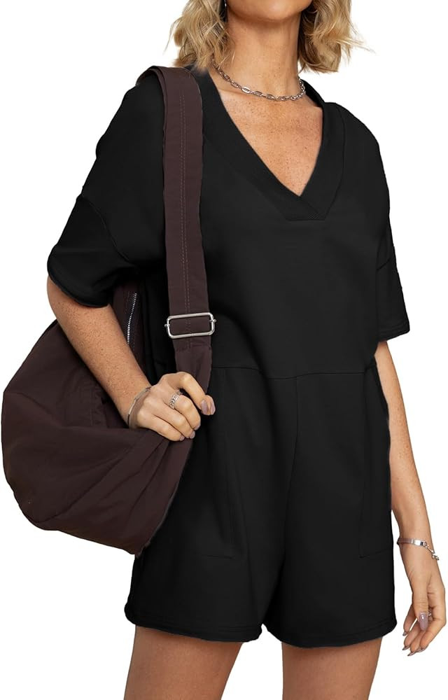 Glamaker Women's Oversized Casual Rompers Summer Outfits Workout Tee Rompers V Neck Loose Short S... | Amazon (US)