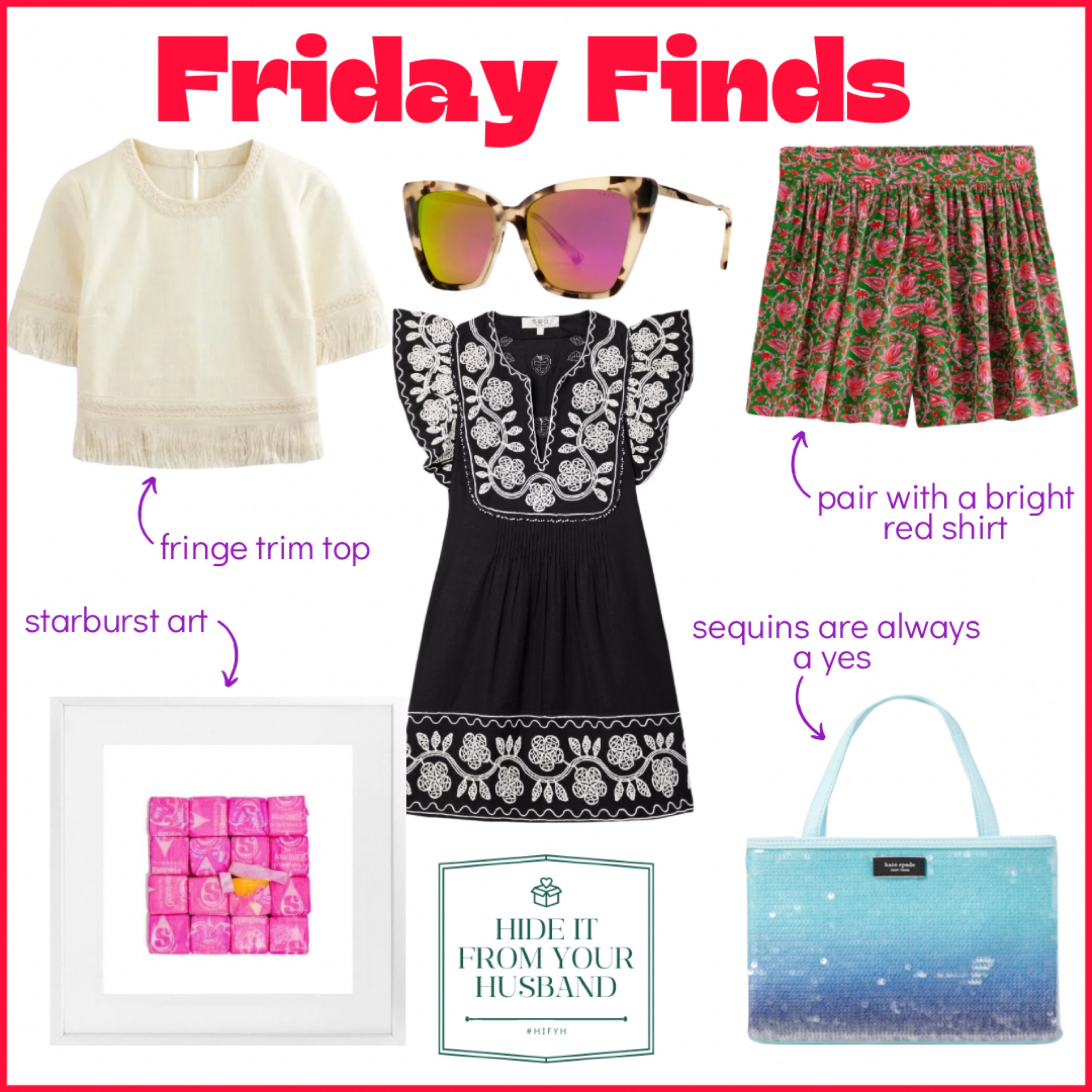 Friday Finds! Crinkle shorts (so fun with a bright red/orange top), a fringe top, perfect 😎 for the pool, a 🖤🤍 summer dress, sweet candy art, and an ombré sequin bag

#LTKstyletip #LTKitbag #LTKhome