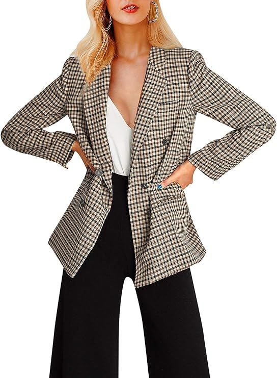 BerryGo Women's Plaid Double Breasted Blazer Lapel Long Sleeve Suit Coat with Pocket | Amazon (US)