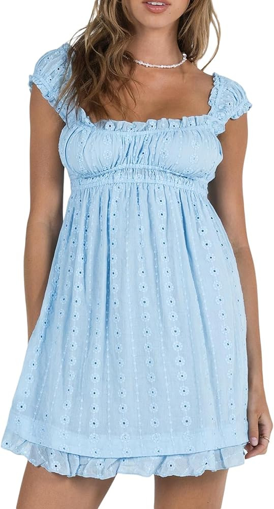 Womens Eyelet Dresses Summer Square Neck Wide Strap Babydoll Mini Dress High Waist A-Line Casual ... | Amazon (US)