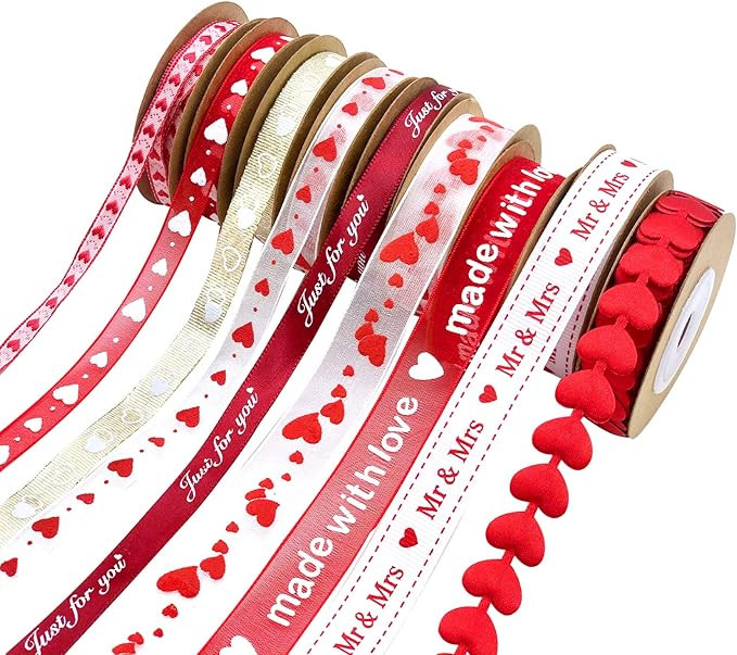 9 Rolls Hearts Ribbon Set - Valentine's Day Mother's Day Satin Ribbon, Printed Heart Ribbons for ... | Amazon (US)