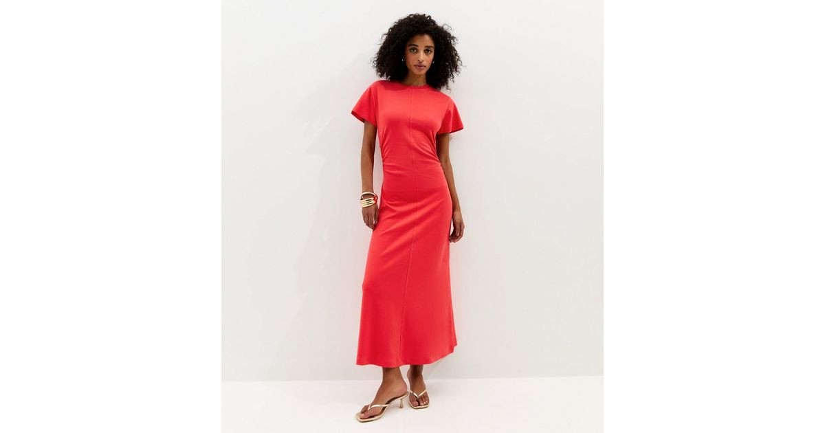 Dark Coral Shirred Side Jersey Midi Dress | New Look | New Look (UK)