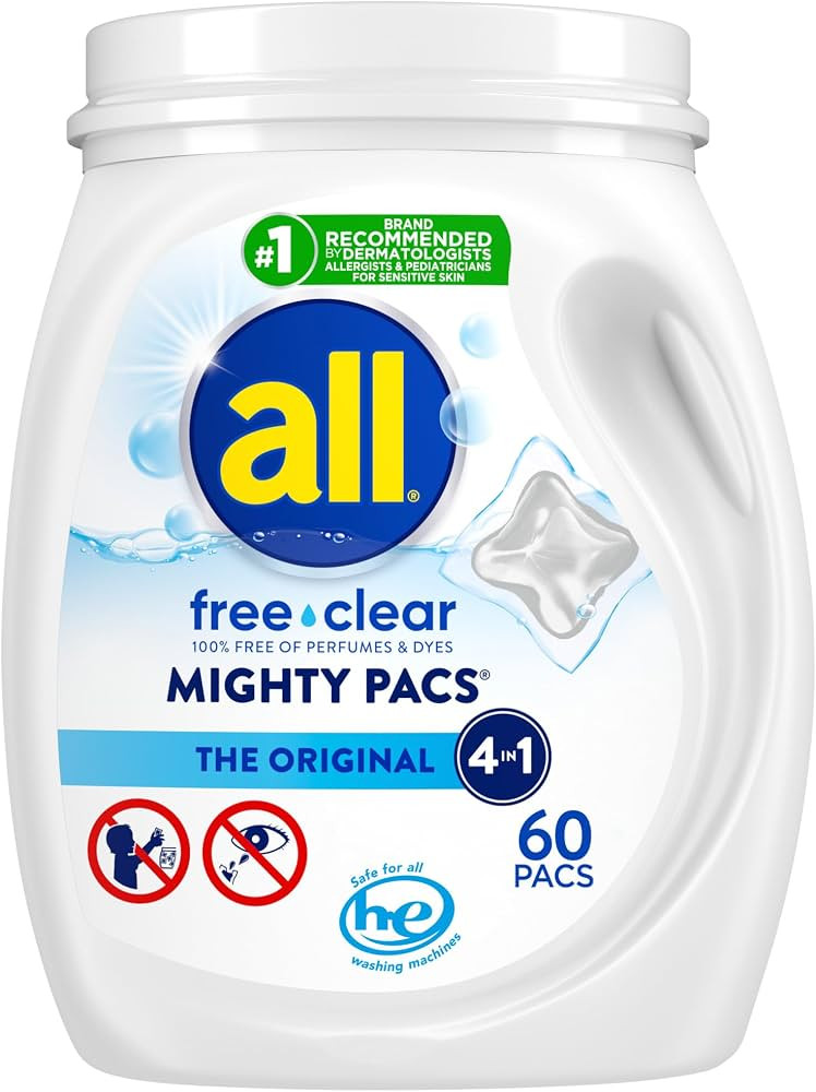 All Mighty Pacs Laundry Detergent, Free Clear for Sensitive Skin, Tub, 60 Count | Amazon (US)