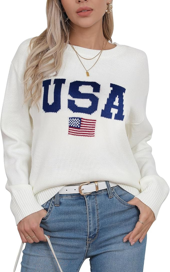 Women's American flag Sweater Long Sleeve Crew Neck Casual Patriotic Star Knit Pullover Sweaters | Amazon (US)