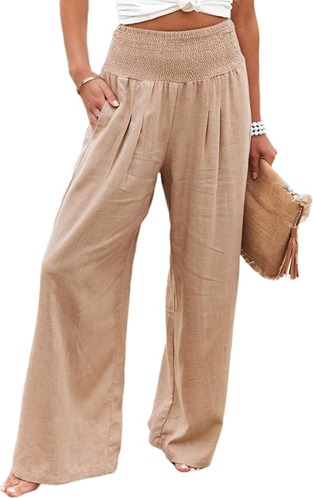 UANEO Linen Pants for Women White Flowy Wide Leg High Waisted Palazzo Beach Pants Summer | Amazon (US)