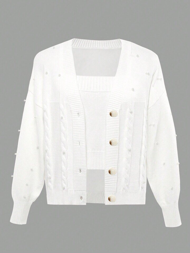 SHEIN LUNE Plus Pearls Beaded Cable Knit Drop Shoulder Cardigan & Cami Knit Top | SHEIN