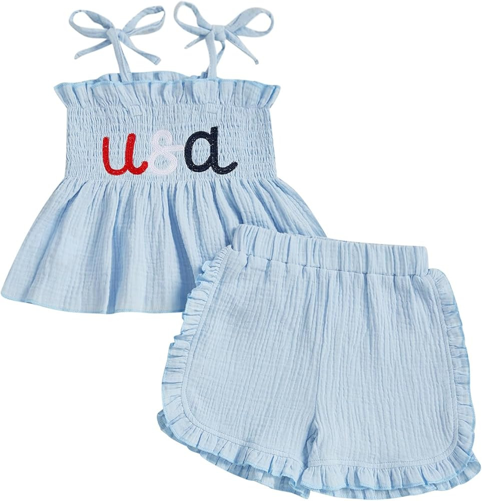 Toddler Girl 4th Of July Outfit Usa Smocked Tank Tops T-shirt Linen Ruffle Shorts Little Girls Fo... | Amazon (US)