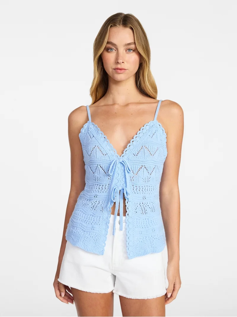 No Boundaries Tie Front Pointelle Cami, Women’s XXS-XXL | Walmart (US)