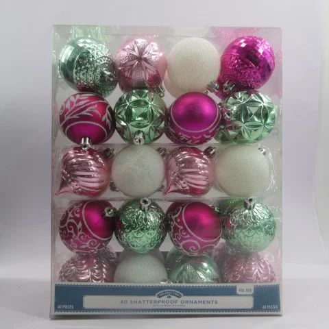Holiday Time 60mm Blush Pink/ Mint Green/ Fuschia/ White Christmas Shatterproof Ornament, 40 Coun... | Walmart (US)