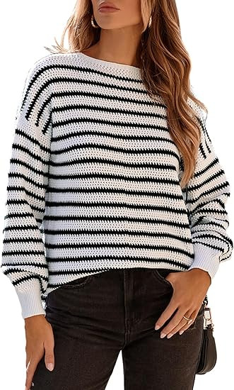 Dokotoo Sweaters for Women Crewneck Long Sleeve Striped Color Block Loose Knit Pullover Sweater T... | Amazon (US)